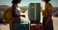 two women standing with suitcases in the desert