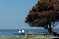 Two women in straw hates on a bench near Edmonds Ferry Port Royalty Free Stock Photo