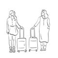 Two women with suitcases illustration vector hand drawn isolated on white background line art