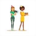 Two Women Taking Pictures And Bringing Cake, Kids Birthday Party Scene With Cartoon Smiling Character Royalty Free Stock Photo