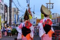 Two women in traditional hats and kimonos at Awaodori festival in Tokushima, Japan