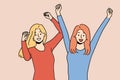 Two women triumphantly raise hands up celebrating successful completion of college