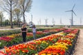 Two women visiting a display garden with colorful tulips