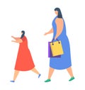 Two women walking with one carrying shopping bags, casual summer dresses vector illustration. Shopping spree, friends Royalty Free Stock Photo