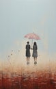 Two Women Walking Together Under An Umbrella In A Field Royalty Free Stock Photo