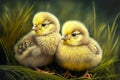 two wonderful yellow chicks sit together on grass