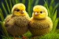 two wonderful yellow chicks sit together on grass