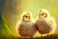 Two wonderful yellow chicks sit together on grass