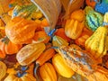Baskets of spilling gourds at Fall farmstand for sale Royalty Free Stock Photo