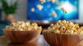 The Popcorn in Wooden Bowls.AI generated image Royalty Free Stock Photo
