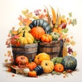 Two wooden buckets with colorful pumpkins and autumn leaves in them. Pumpkin as a dish of thanksgiving for the harvest, picture on