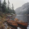 Two canoes resting by the riverbank, surrounded by trees and water Royalty Free Stock Photo