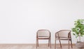 Two wooden chairs on empty white wall, farmhouse living room mock up Royalty Free Stock Photo