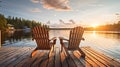 Two wooden chairs on a wood pier overlooking a lake at sunset in Finland. Generative Ai Royalty Free Stock Photo