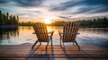 Two wooden chairs on a wood pier overlooking a lake at sunset in Finland. Generative Ai Royalty Free Stock Photo