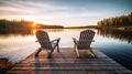 Two wooden chairs on a wood pier overlooking a lake at sunset in Finland. Generative Ai Royalty Free Stock Photo