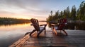 Two wooden chairs on a wood pier overlooking a lake at sunset in Finland. Generative Ai Royalty Free Stock Photo