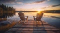 Two wooden chairs on a wood pier overlooking a lake at sunset in Finland. Generative Ai Royalty Free Stock Photo