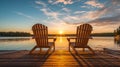 Two wooden chairs on a wood pier overlooking a lake at sunset in Finland. Generative Ai Royalty Free Stock Photo