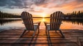 Two wooden chairs on a wood pier overlooking a lake at sunset in Finland. Generative Ai Royalty Free Stock Photo