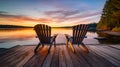 Two wooden chairs on a wood pier overlooking a lake at sunset in Finland. Generative Ai Royalty Free Stock Photo