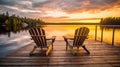 Two wooden chairs on a wood pier overlooking a lake at sunset in Finland. Generative Ai Royalty Free Stock Photo