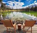 Two wooden deckchairs before lake