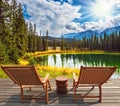 Two wooden deckchairs on the shore of lake