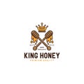 Two wooden dipper with honey drop and crown logo design, king honey logo, organic, premium quality, modern, vector template in