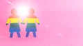 Two wooden figures in the form of girls painted in LGBT symbols on a pink background. The concept of gay marriage of lesbian girls