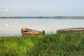 Two wooden fishing boats on bank of the lake. Spring landscape photo. Lake Svityaz. Volyn region. Ukraine Royalty Free Stock Photo