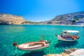 Two wooden fishing boats at Matala, Crete, Greece. Royalty Free Stock Photo