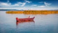 Two wooden fishing boats on the Svityaz lake. Calm morning scene of Shatsky National Park Royalty Free Stock Photo