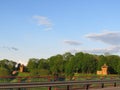 Two wooden fortifications behind the bridge Royalty Free Stock Photo