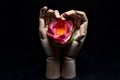 Two wooden hands that hold a fake lotus flower