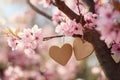 Two wooden hearts hanging from spring tree branch with blossoms Royalty Free Stock Photo