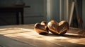 Two wooden hearts on rustic table with sunlight, abstract, love