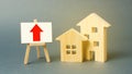 two wooden houses and a red up arrow on the sign. Real estate value increase. Supply and demand. Rising prices for housing Royalty Free Stock Photo