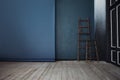 Two Wooden ladder, near dark blue wall, perspective