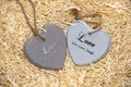 Two wooden love hearts with loving inscriptions