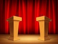 Two wooden podium and red curtain.