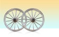 two wooden and rust steel wagon wheel on gradient yellow and blue background, object, vintage, transport, decor, copy space Royalty Free Stock Photo