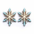 Wooden Snowflake Earrings With Blue Accents On White Background