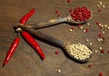 Two wooden spoons with red and white pepper on a wooden surface Royalty Free Stock Photo