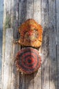 Two wooden targets for throwing knives on the fence Royalty Free Stock Photo
