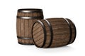 Two wooden wine or whiskey barrels, casks or kegs made from rustic oak wood standing and lying on white background