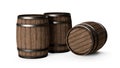 Two wooden wine or whiskey barrels, casks or kegs made from rustic oak wood standing and lying on white background