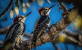 A couple of woodpeckers perched on a beech trunk with a green, blurred forest background, generative AI