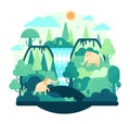 Two Woolly Mammoth stay in waterfall in flat cartoon stile - vector illustration Royalty Free Stock Photo