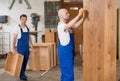 Two worker in a carpenter`s workshop Royalty Free Stock Photo